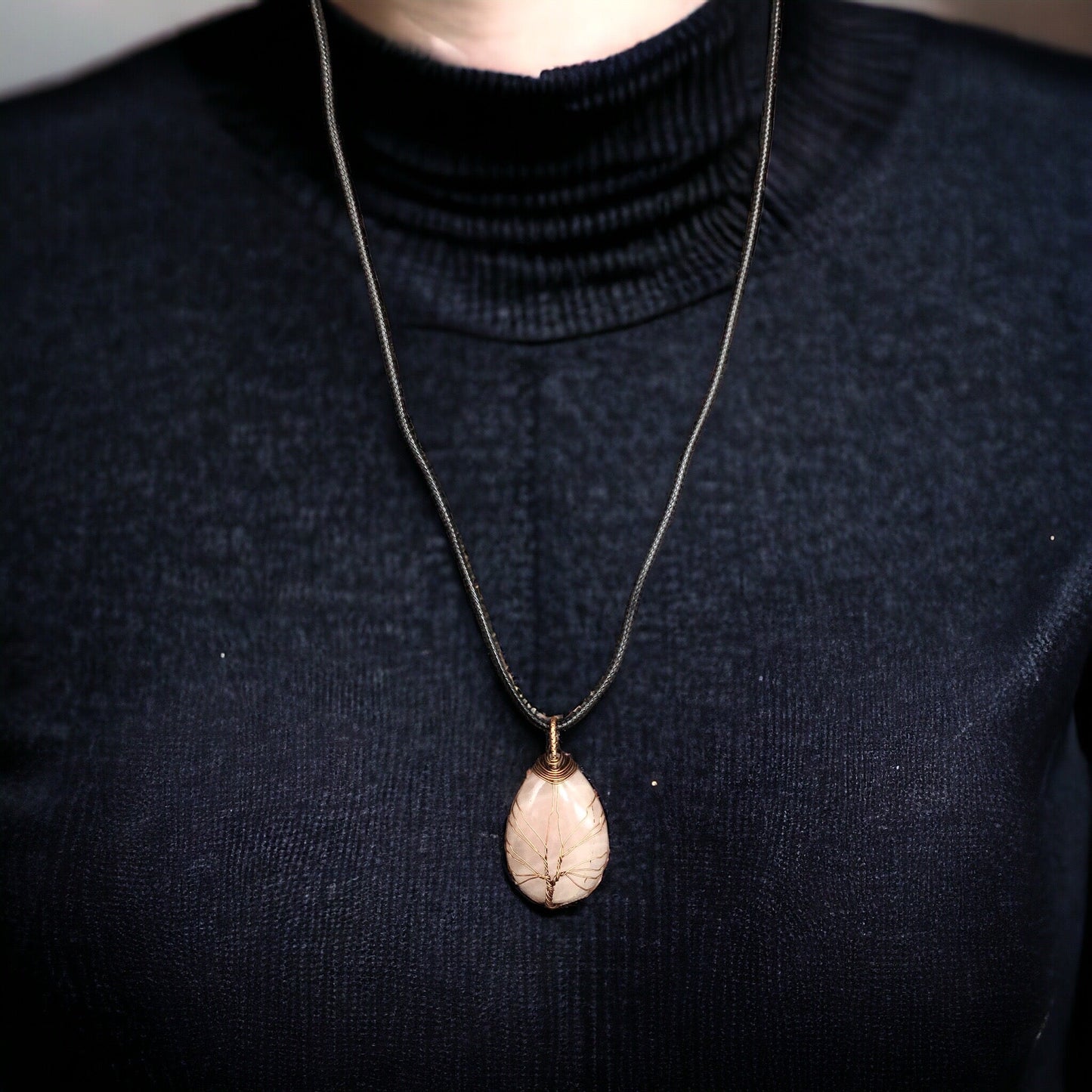 Light pink Gemstone Pendant Wrapped w/ Bronze Tree of Life