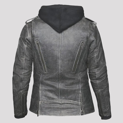 Open Road Women's Hooded Classic Leather Motorcycle Jacket