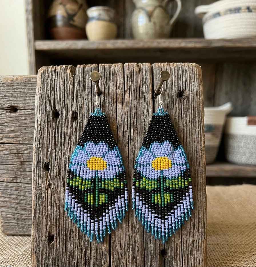 Flower Beaded Earrings ( Blue )