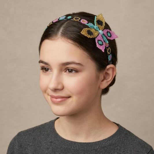Beaded Headband with Butterfly Pink