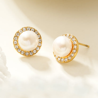 CACIA Gold: Mini Stud Earrings with Freshwater Pearl & Pavé Zirconia Border