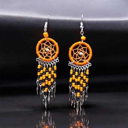 Orange and Black Beaded Dreamcatcher earrings