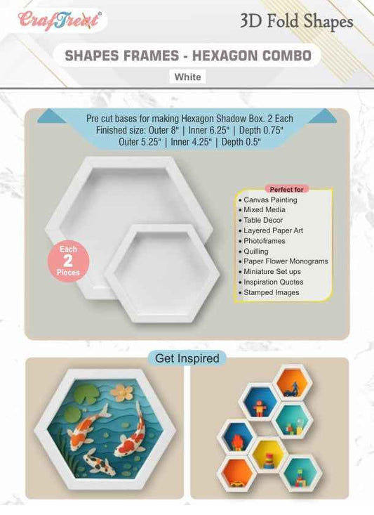 CrafTreat 3D Fold Shapes - Frames White - Hexagon Combo 4pcs