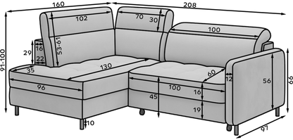 Barea 3 Seater Storage Sleeper Chaise Sofa - Light Grey