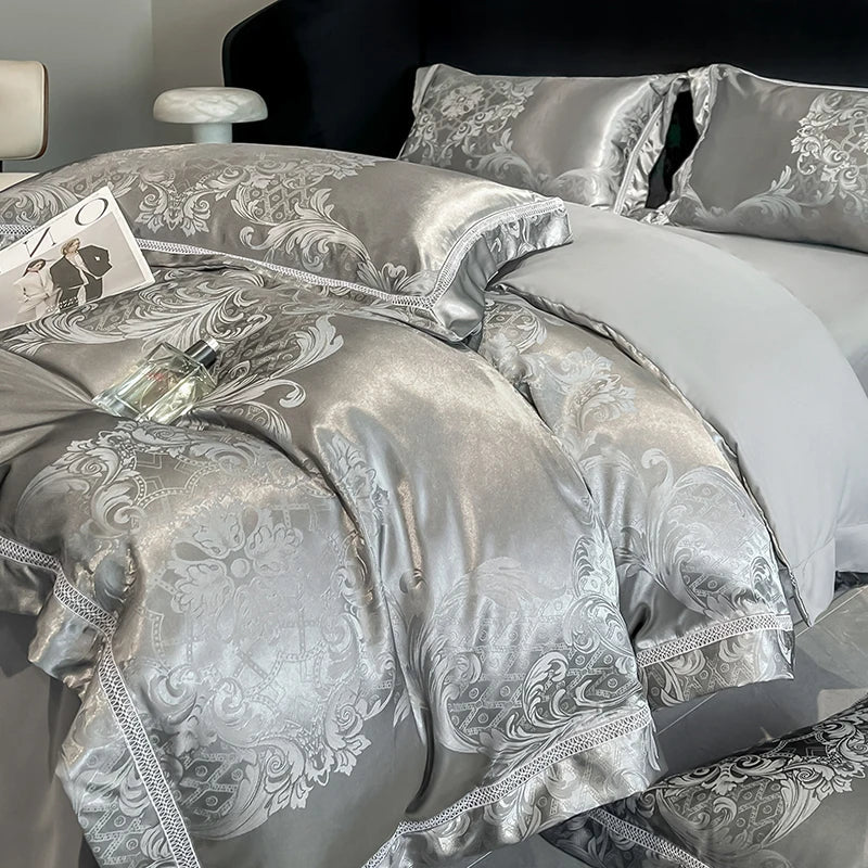 Celestia Satin Jacquard Luxury Duvet Set - Ivory/Light Grey/Blush