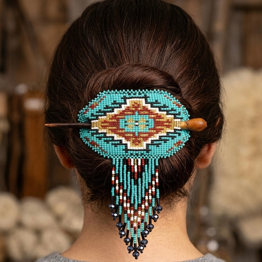 Wisdom Star Fringed Beaded Barrette & Wooden Stick