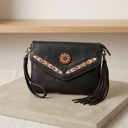 Leather beaded Crossbody bag(Chocolate Brown)