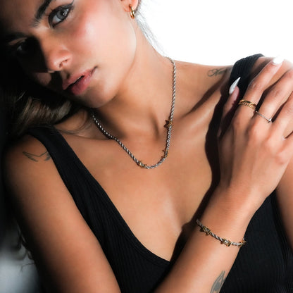 DRAGOSA Mixed Metals: Silver Rope Chain Bracelet with Triple Mini Gold Criss-Cross Charms