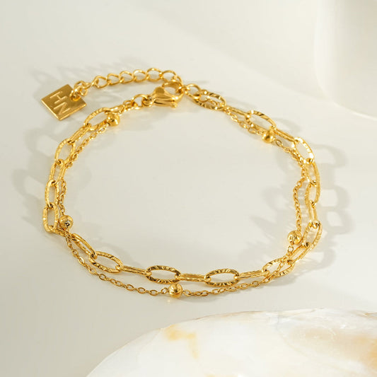 CASTILA Gold Bracelet:  Double Stacked Paper Clip Chain &  Beaded Chain - Dazzle in Duality