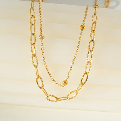 CASTILIA Gold Necklace:  Double Stacked Paper Clip Chain &  Beaded Chain - Dazzle in Duality.