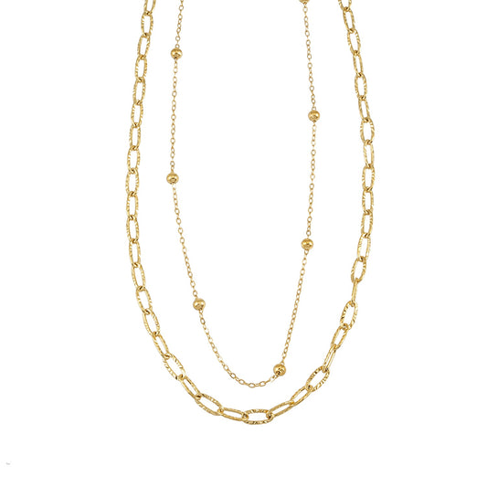 CASTILIA Gold Necklace:  Double Stacked Paper Clip Chain &  Beaded Chain - Dazzle in Duality.