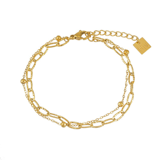 CASTILA Gold Bracelet:  Double Stacked Paper Clip Chain &  Beaded Chain - Dazzle in Duality