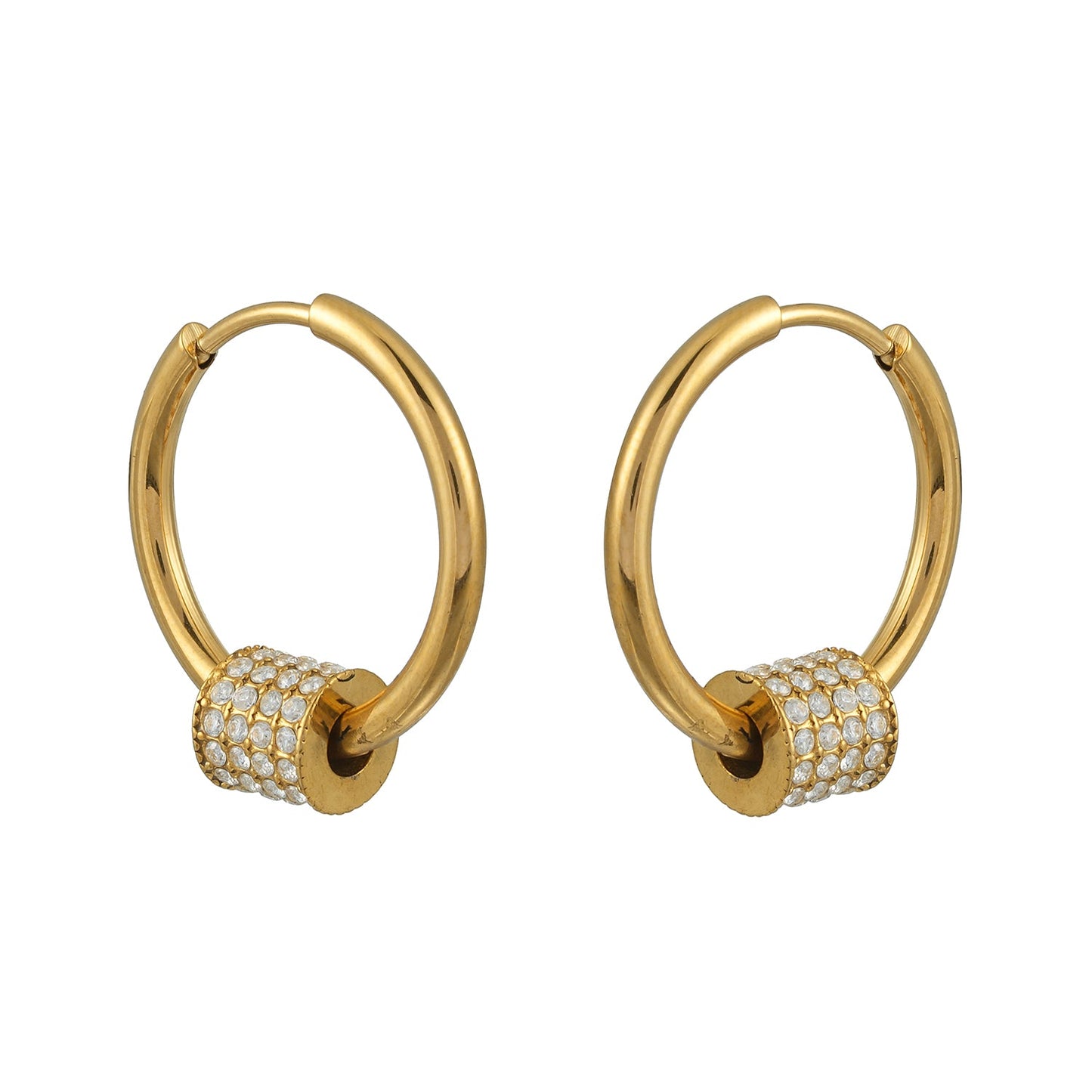 DUNIYA Gold: Mini Hoop Earrings with Barrel Pavé Zirconia Stones Charm – Luxe Modern Style
