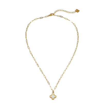 MAKA Gold: Clover Shaped Charm in Natural Shell & Gold Metal Border on a Paperclip Chain