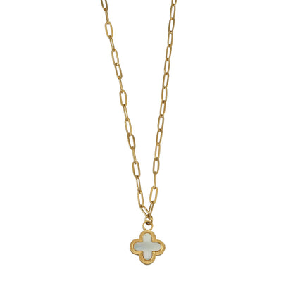 MAKA Gold: Clover Shaped Charm in Natural Shell & Gold Metal Border on a Paperclip Chain