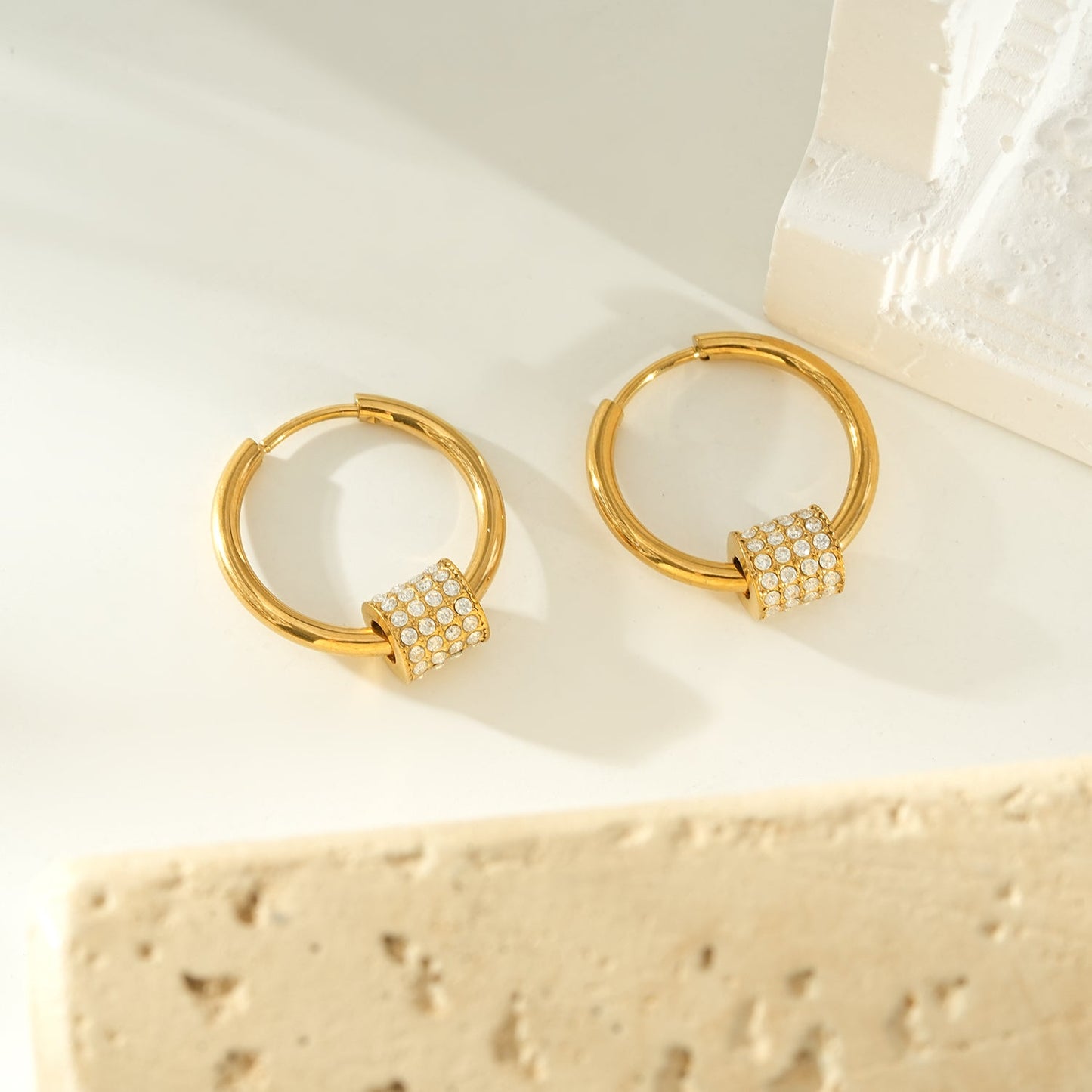 DUNIYA Gold: Mini Hoop Earrings with Barrel Pavé Zirconia Stones Charm – Luxe Modern Style