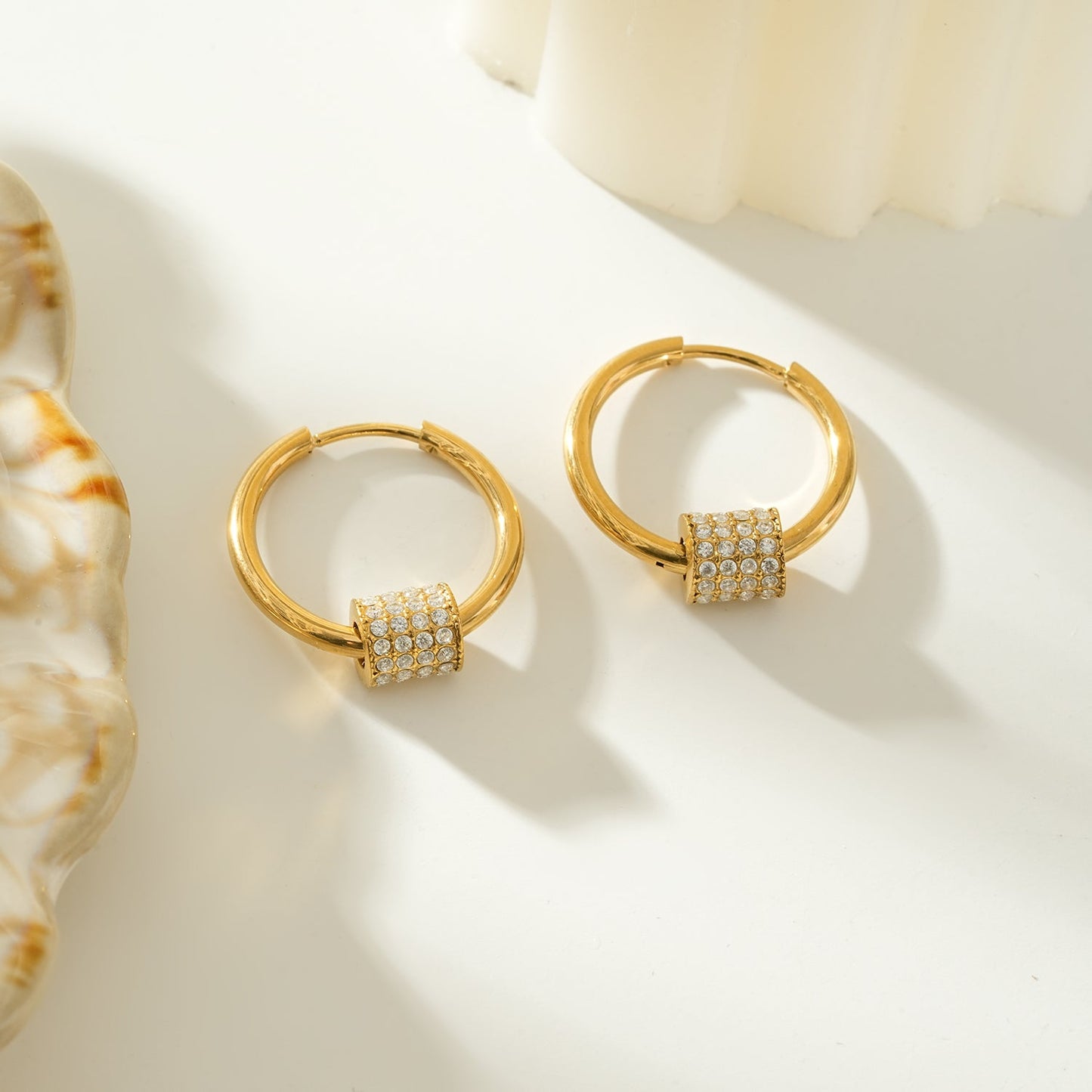 DUNIYA Gold: Mini Hoop Earrings with Barrel Pavé Zirconia Stones Charm – Luxe Modern Style