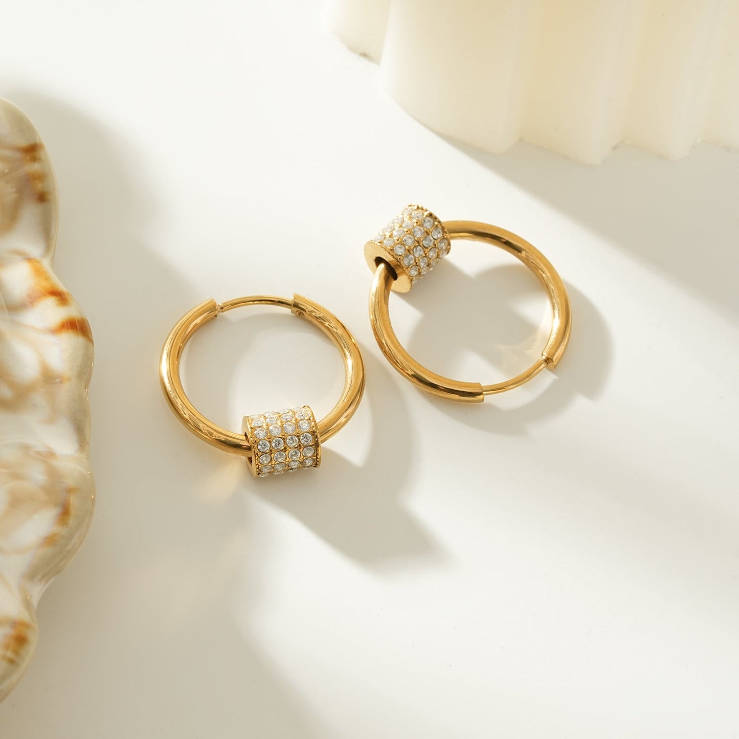 DUNIYA Gold: Mini Hoop Earrings with Barrel Pavé Zirconia Stones Charm – Luxe Modern Style