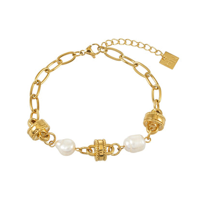 ARGENTA Gold: Regal Harmony Chain Bracelet with Relic Orbs and Freshwater Pearls