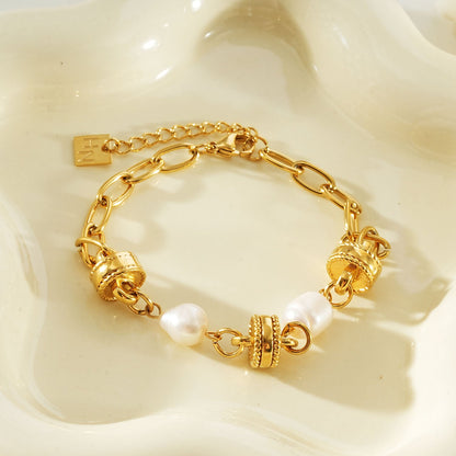 ARGENTA Gold: Regal Harmony Chain Bracelet with Relic Orbs and Freshwater Pearls