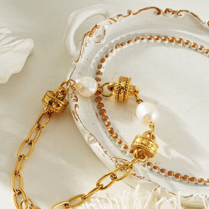 ARGENTA Gold: Regal Harmony Chain Bracelet with Relic Orbs and Freshwater Pearls