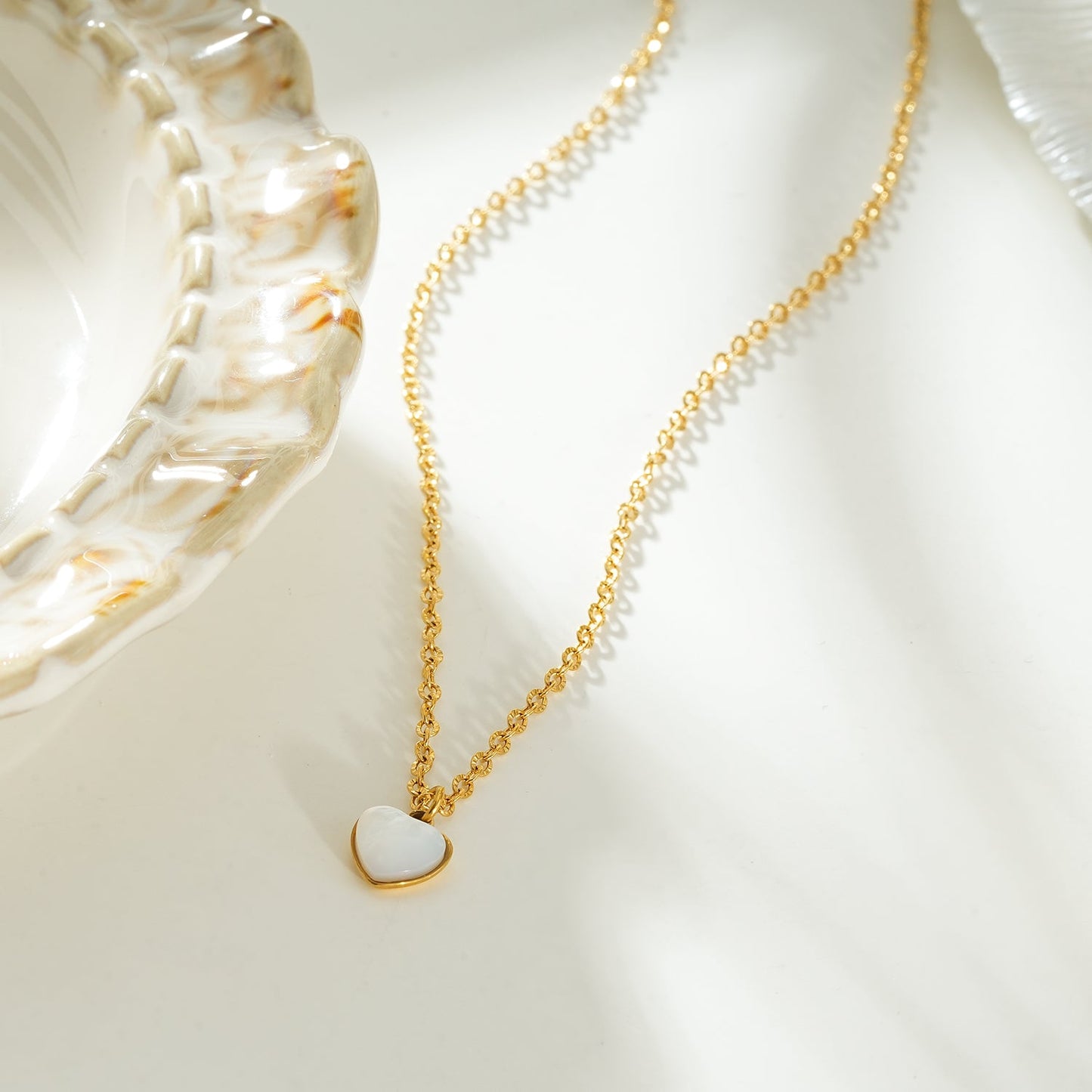 KOKAM Gold: Dainty Chain Necklace with Mini Shell-Encased Heart Charm Pendant — A Little Love to Hold Close