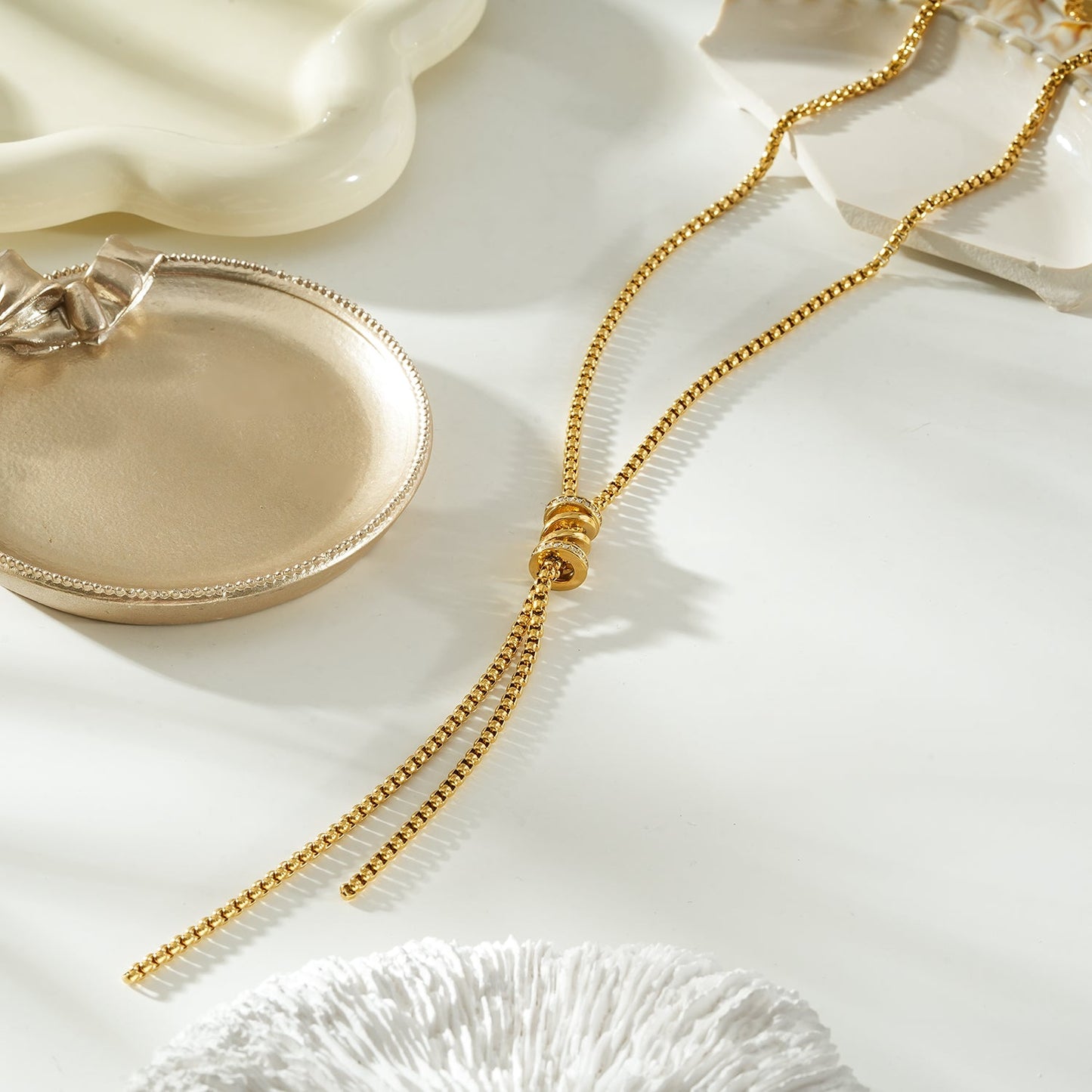 MAHANA Gold: Lariat Necklace with Sliding Bead & Tassel Drop – Modern Minimal Statement
