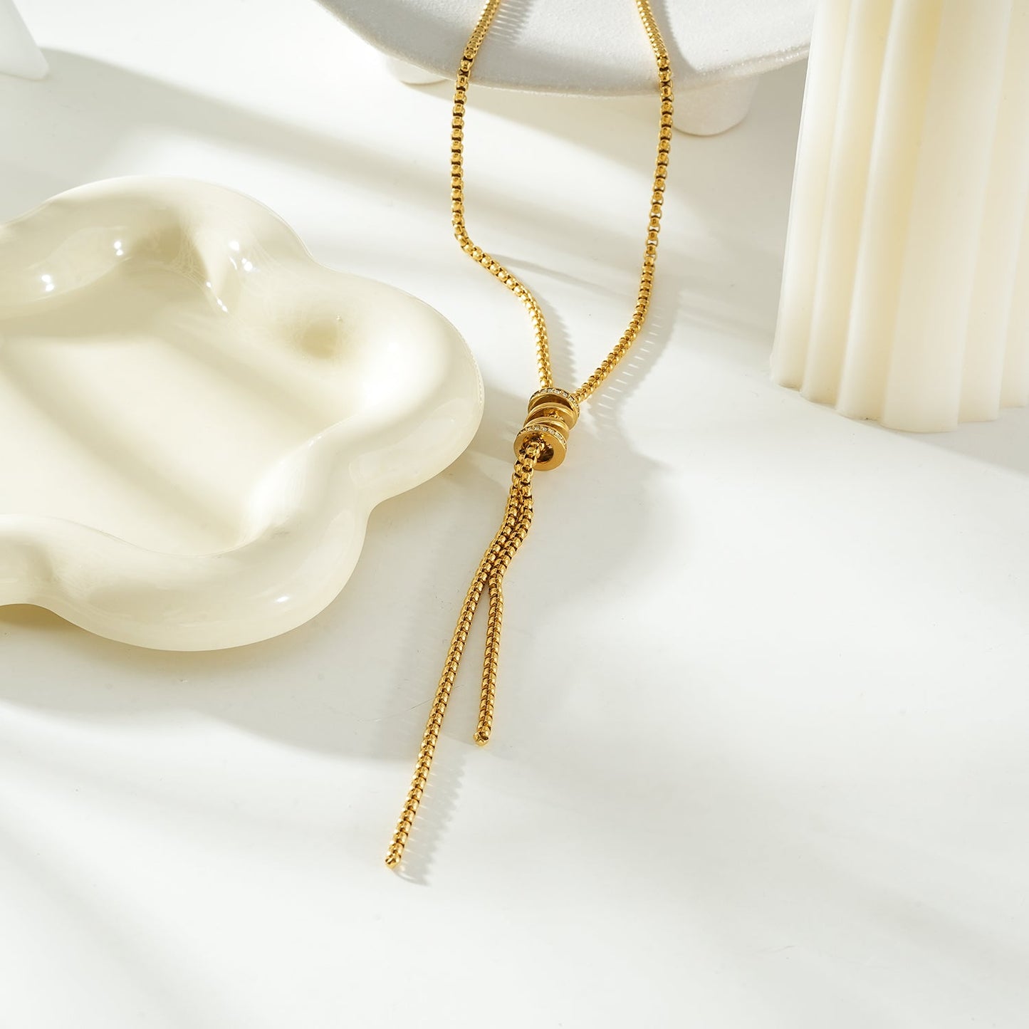 MAHANA Gold: Lariat Necklace with Sliding Bead & Tassel Drop – Modern Minimal Statement