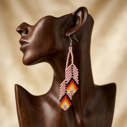 OldTribes™ lights pink Beaded Feather Earrings
