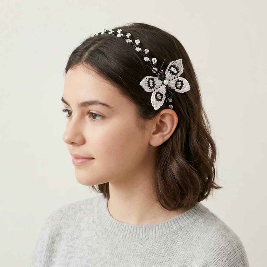 Beaded Headband with Butterfly Black