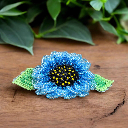 Handmade Beaded Sunflower Hair Clip-Sky Blue