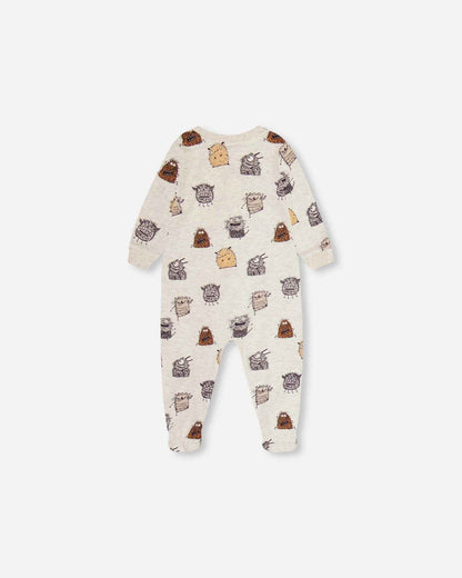 Organic Cotton One Piece Pajama Heather Beige Printed Monsters