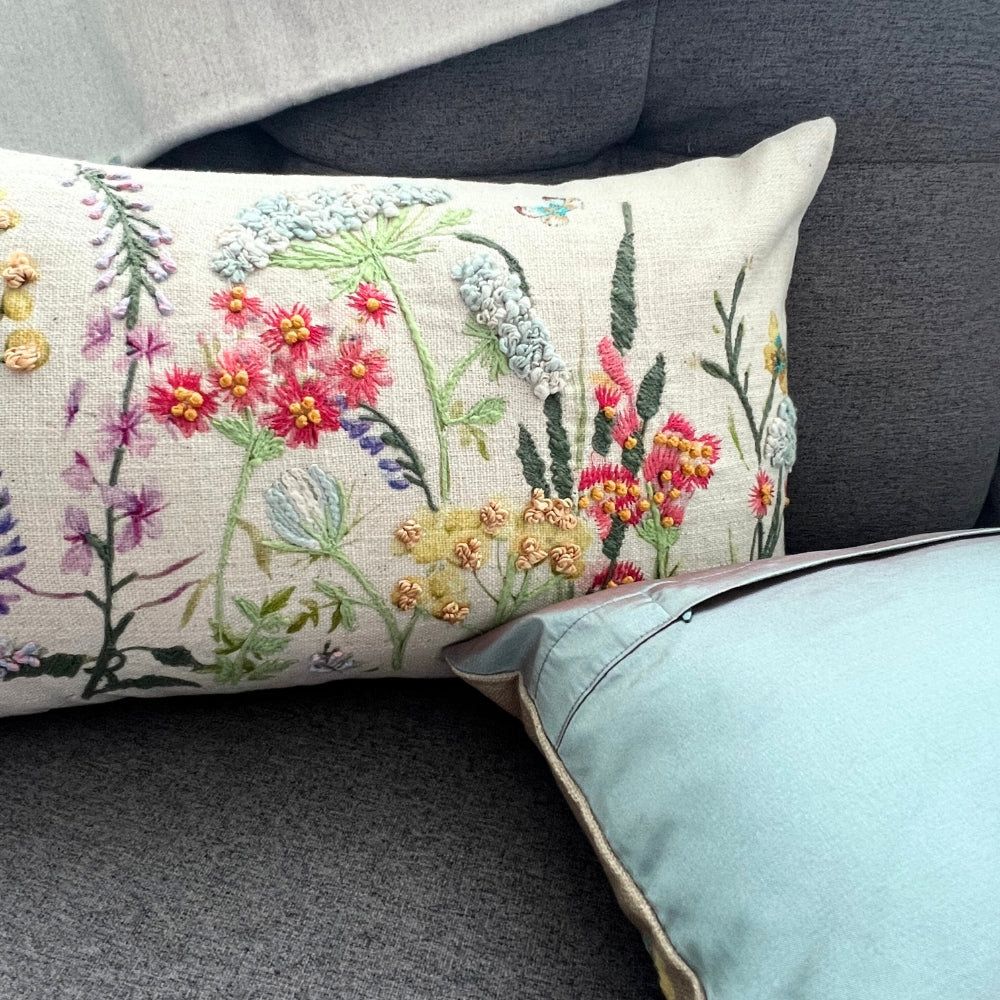 12x20" Embroidered Wildflower Lumbar Pillow – Cotton Front, Paper Silk Back
