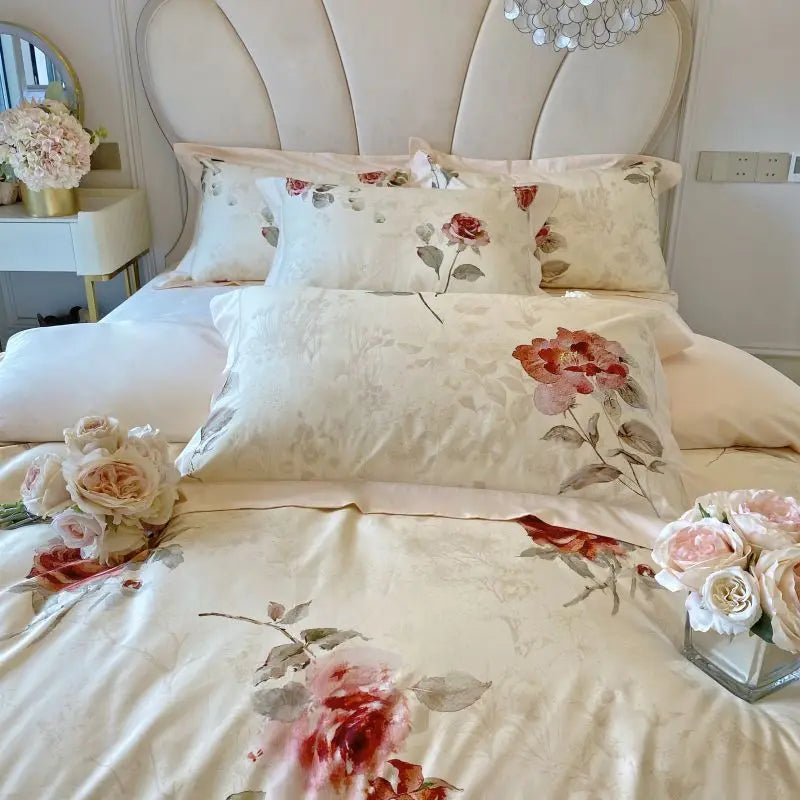 Floral Rose Jacquard Egyptian Cotton 1000 TC Duvet Set - Ivory