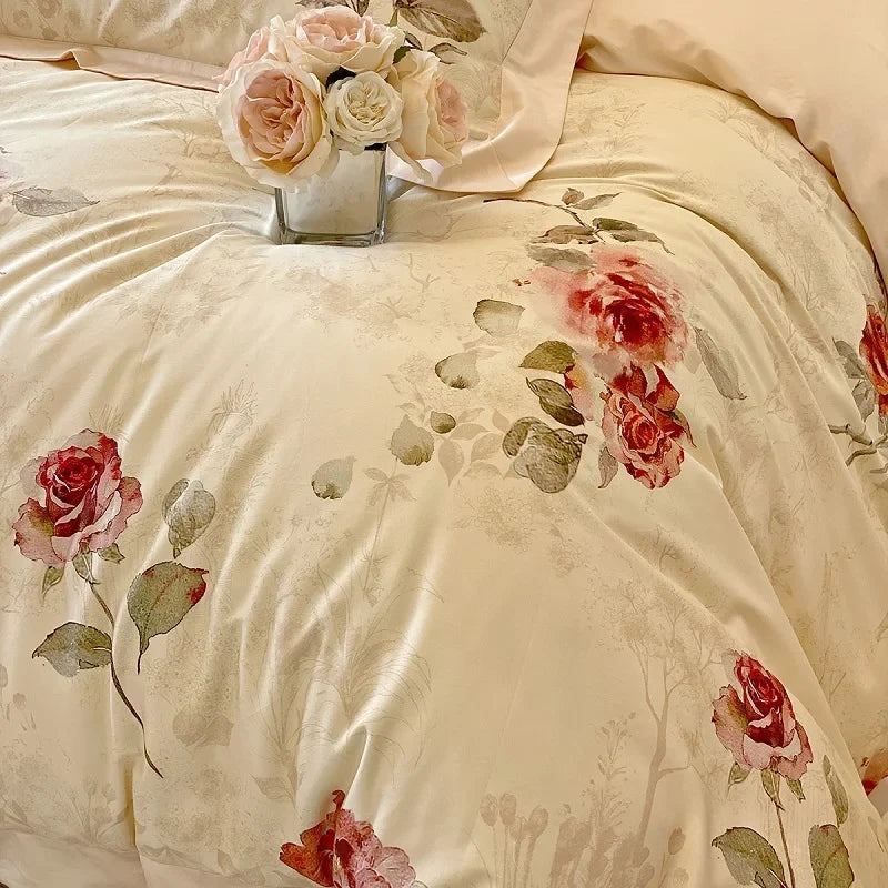 Floral Rose Jacquard Egyptian Cotton 1000 TC Duvet Set - Ivory