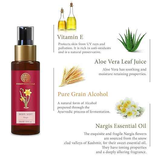 Forest Essentials Fragrant Body Mist Nargis | Aloe Vera juice infused Perfume Spray to keep Skin Scented & Hydrated Through the Day