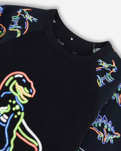 Organic Cotton Two Piece Pajama Set Black Printed Neon Dino