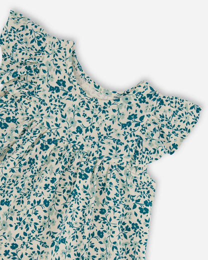 Printed Organic Cotton Dress Small Turquoise Flowers