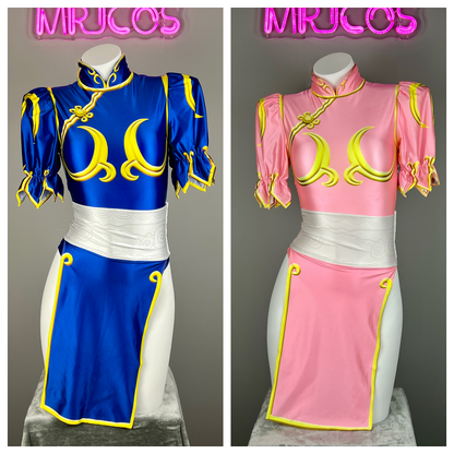 【DISCONTINUED】Chun-Li Inspired Cosplay Bodysuit Set with Detachable Skirt & Accessories