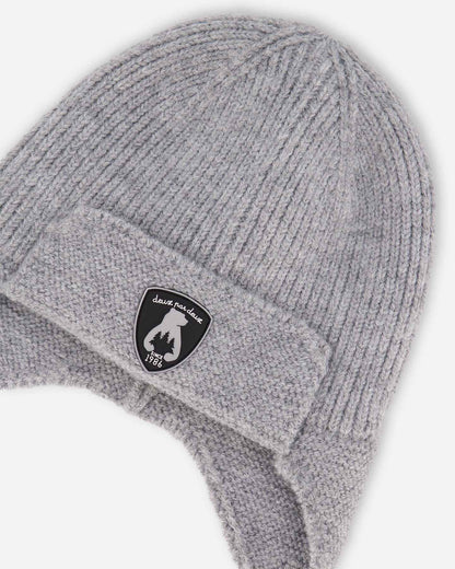 Lined Baby Knit Hat With Ears And Strings Heather Gray