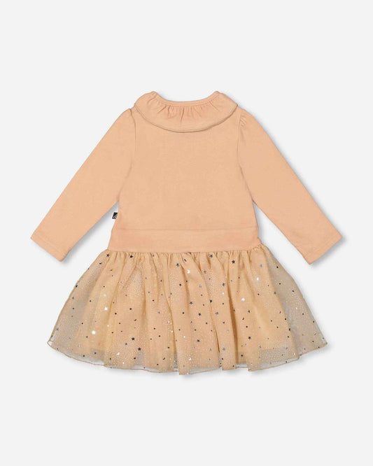 Bi-Material Dress With Glittering Skirt Beige