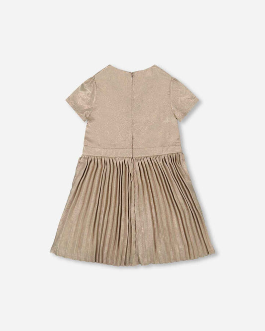 Short Sleeve Dress With Pleated Skirt Light Caramel