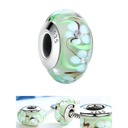 925 Sterling Silver Pink Flower Murano Glass Beads - Diy Bracelet Charms For A Festive Touch (Scz001)