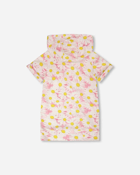 French Terry Hooded Dress Pink Printed Daisies