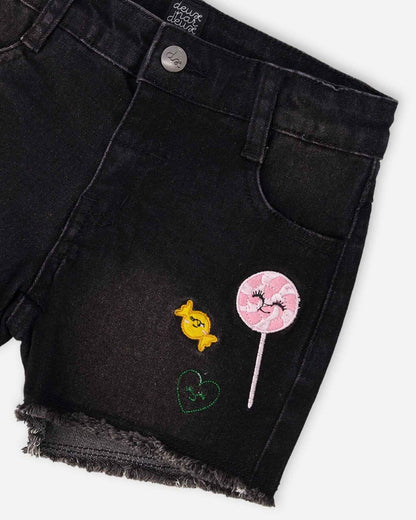 Black Denim Shorts With Embroidery