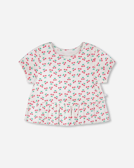 Rib Crop T-Shirt With Frill White Printed Cheeries