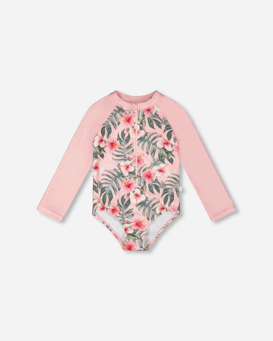 One-Piece Long Sleeve Rashguard Pink Hibiscus Print