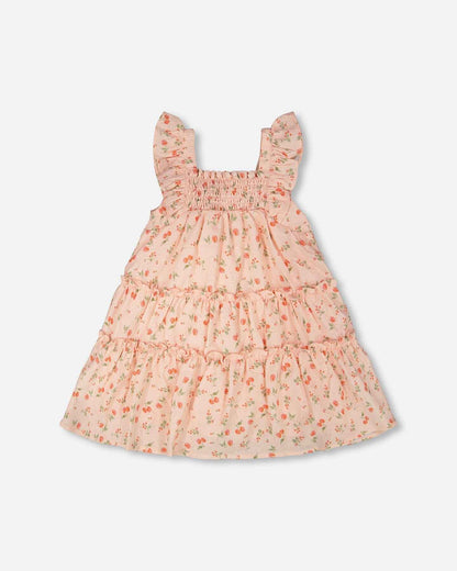 Multi-Tiered Dress With Smocking Pink Printed Flowers