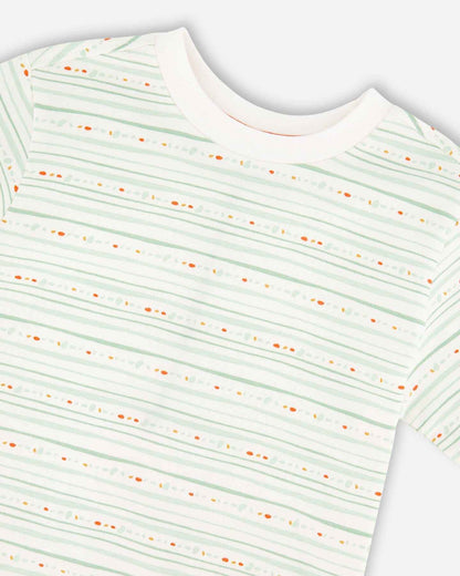 Organic Cotton T-Shirt White Printed Mint Green Lines