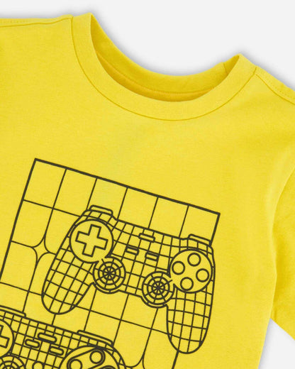Organic Cotton Jersey T-Shirt With Gamer Print Yellow